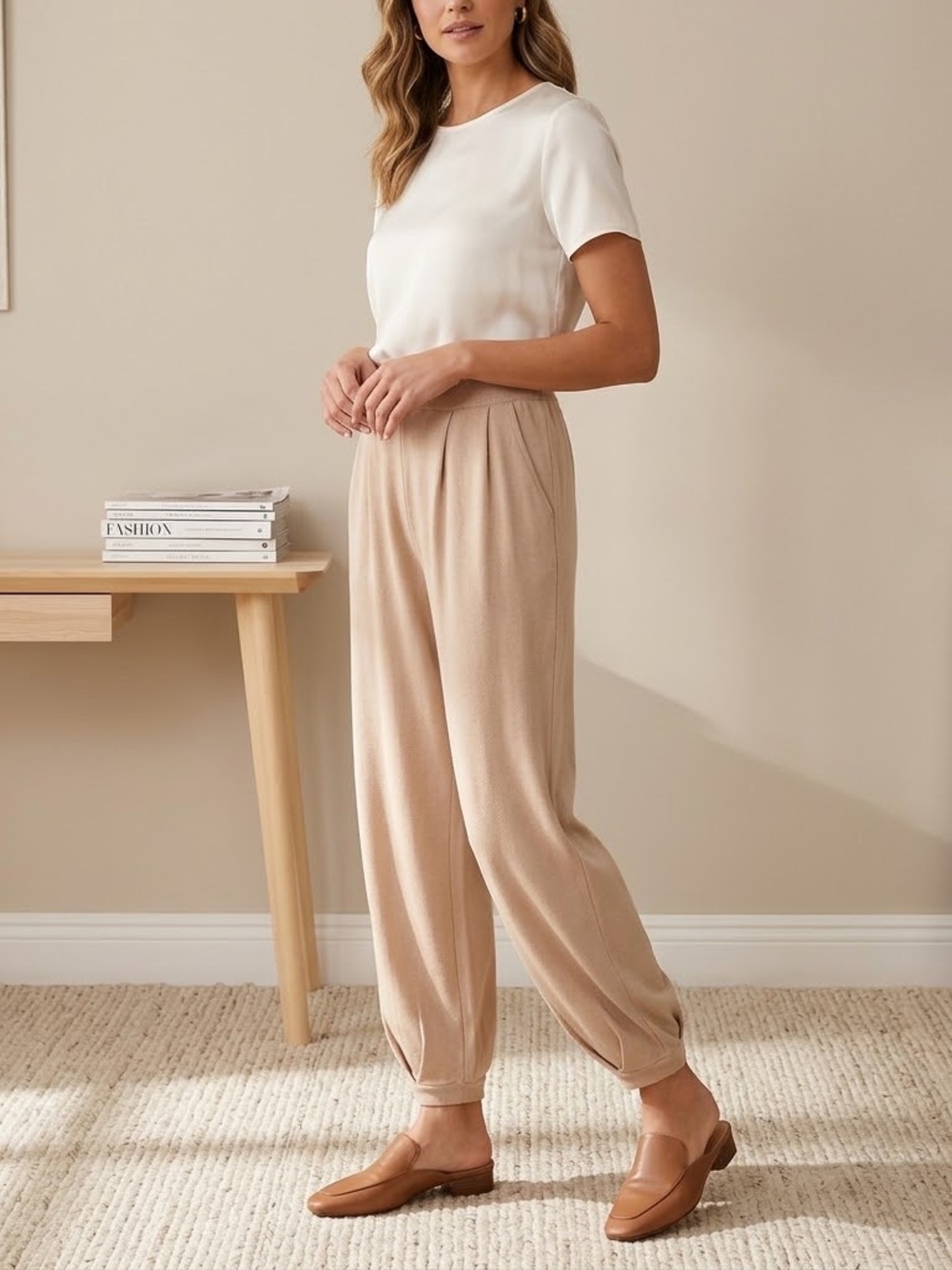 NWT Ekouaer Beige Knit Joggers Trousers Pleated Ankle Cuffed Pants Size M